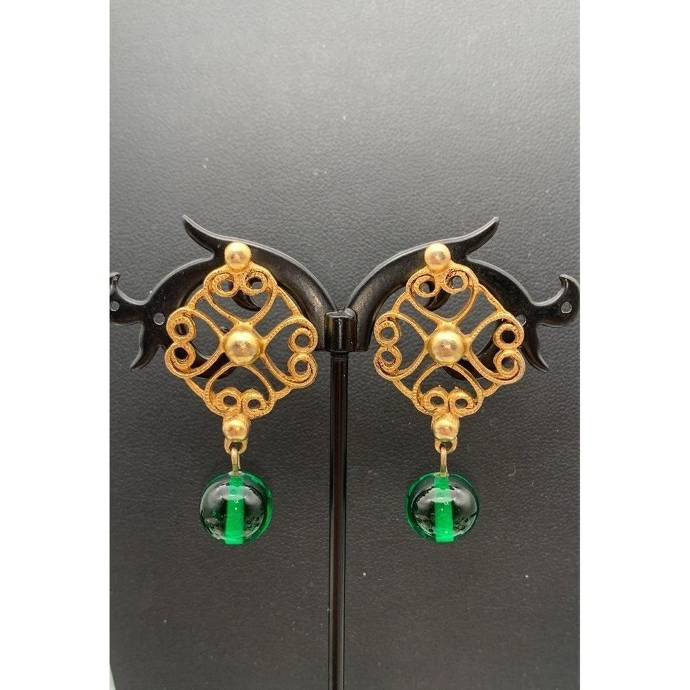Vintage Gold Tone Scroll Earrings With Emerald Green Glass Beads Pierced